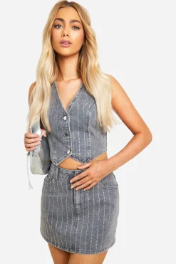 boohoo Diamante Denim Mini Skirt<Femme Jupes|Denim