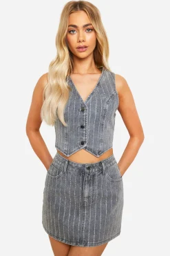 boohoo Diamante Denim Mini Skirt<Femme Jupes|Denim
