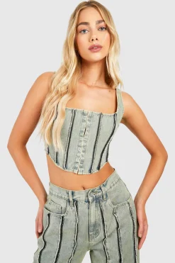boohoo Diamante Detail Dirty Wash Denim Corset Top<Femme Denim|Denim