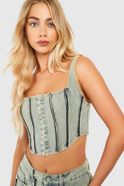 boohoo Diamante Detail Dirty Wash Denim Corset Top<Femme Denim|Denim