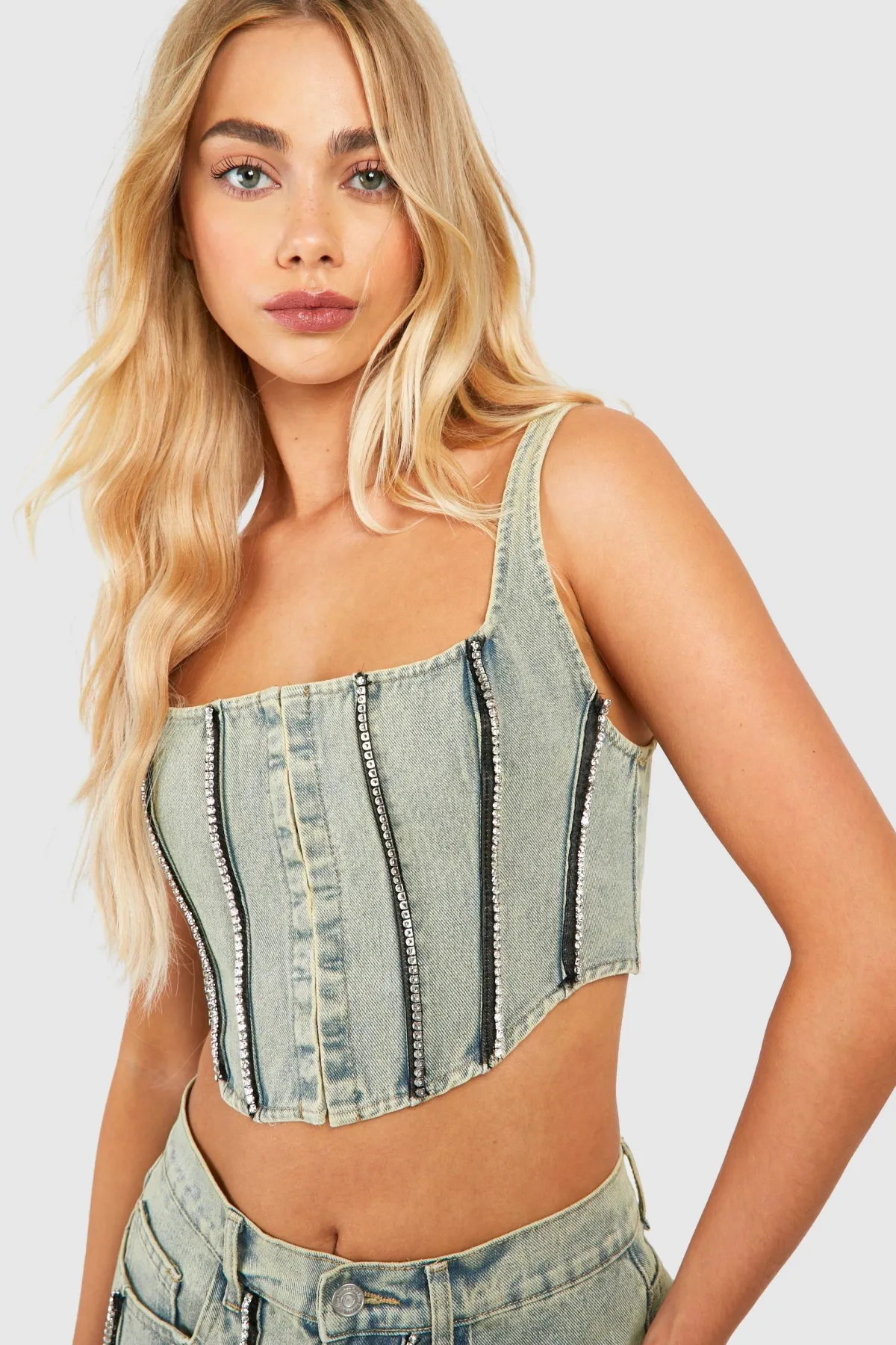 boohoo Diamante Detail Dirty Wash Denim Corset Top<Femme Denim|Denim