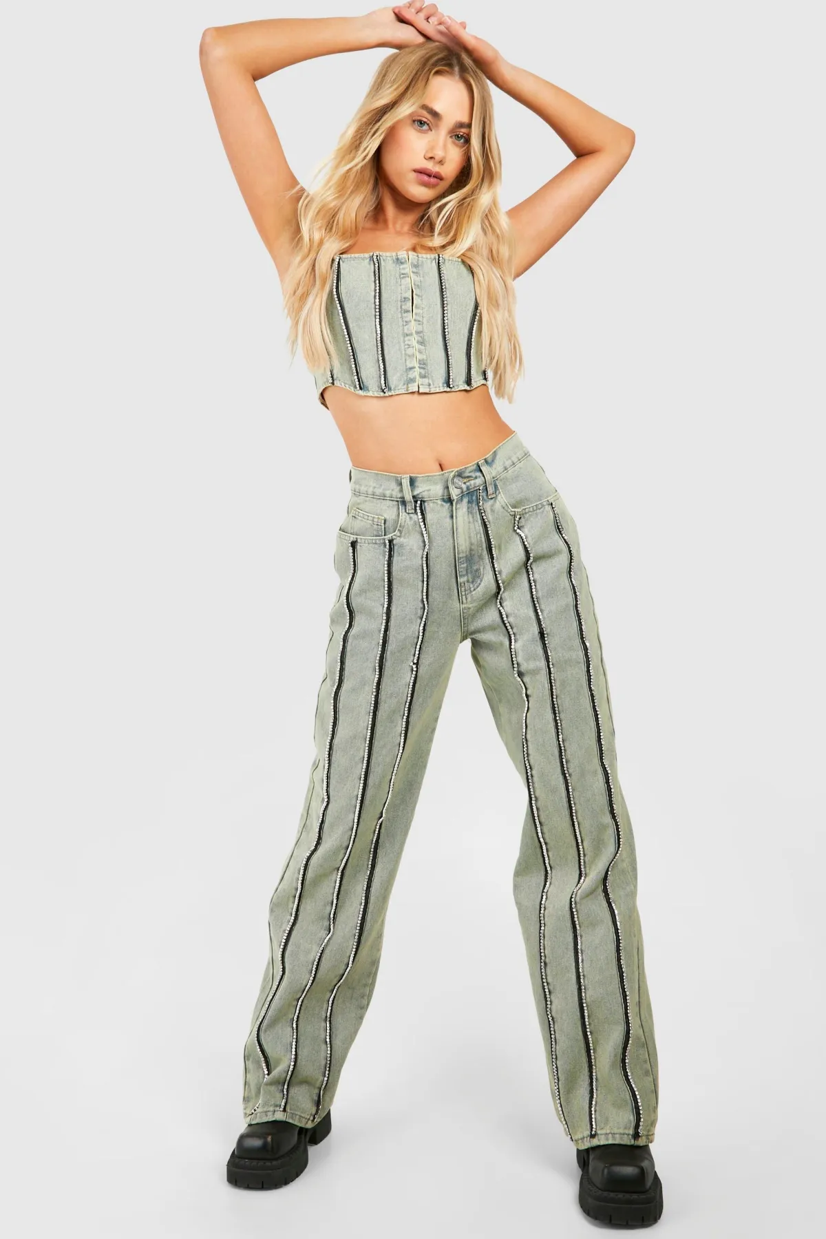 boohoo Diamante Detail Dirty Wash Denim Corset Top<Femme Denim|Denim