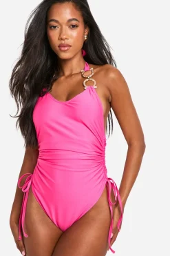 Diamante Maillot de bain ruched à garniture dorée