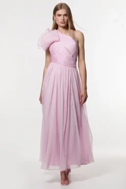Digital Ophelia Crinkle Georgette Fine Pleated One Shoulder Woven Maxi Dress