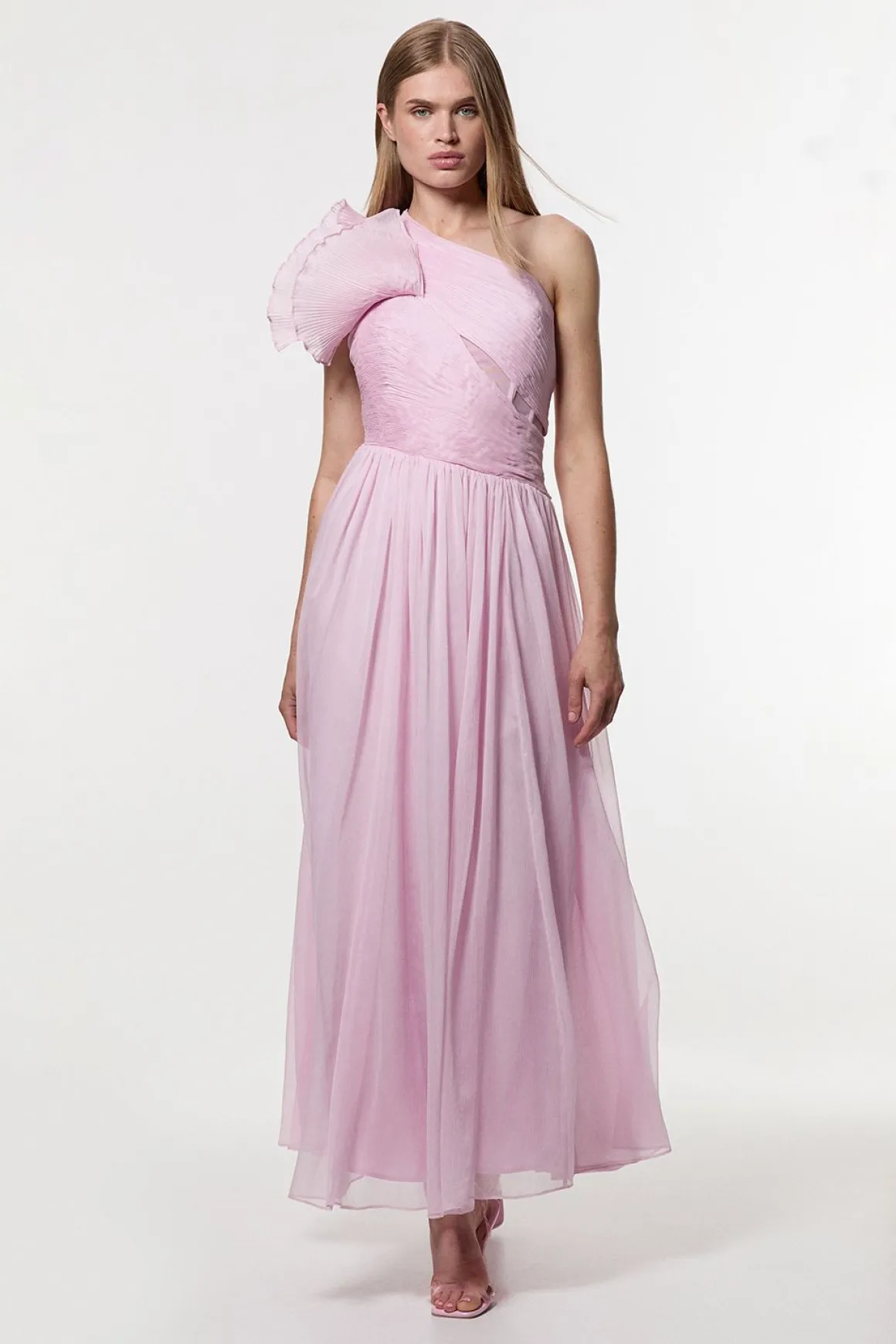 Digital Ophelia Crinkle Georgette Fine Pleated One Shoulder Woven Maxi Dress