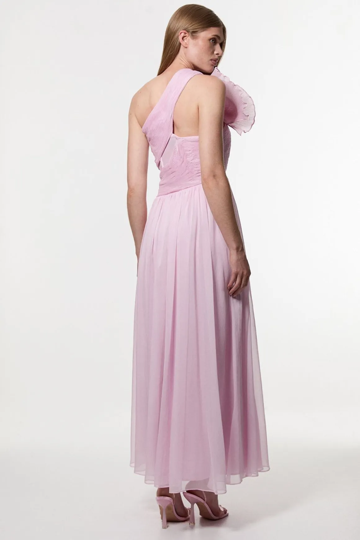 Digital Ophelia Crinkle Georgette Fine Pleated One Shoulder Woven Maxi Dress