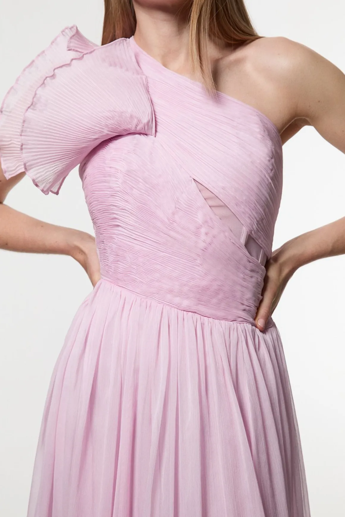 Digital Ophelia Crinkle Georgette Fine Pleated One Shoulder Woven Maxi Dress