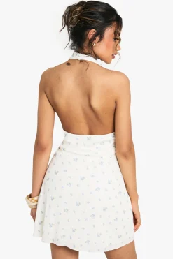 boohoo Ditsy Floral Lace Halter Mini Dress<Femme Satin Et Dentelle|Robes Patineuses