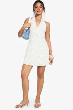 boohoo Ditsy Floral Lace Halter Mini Dress<Femme Satin Et Dentelle|Robes Patineuses