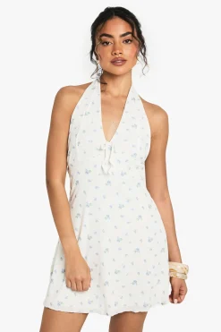boohoo Ditsy Floral Lace Halter Mini Dress<Femme Satin Et Dentelle|Robes Patineuses