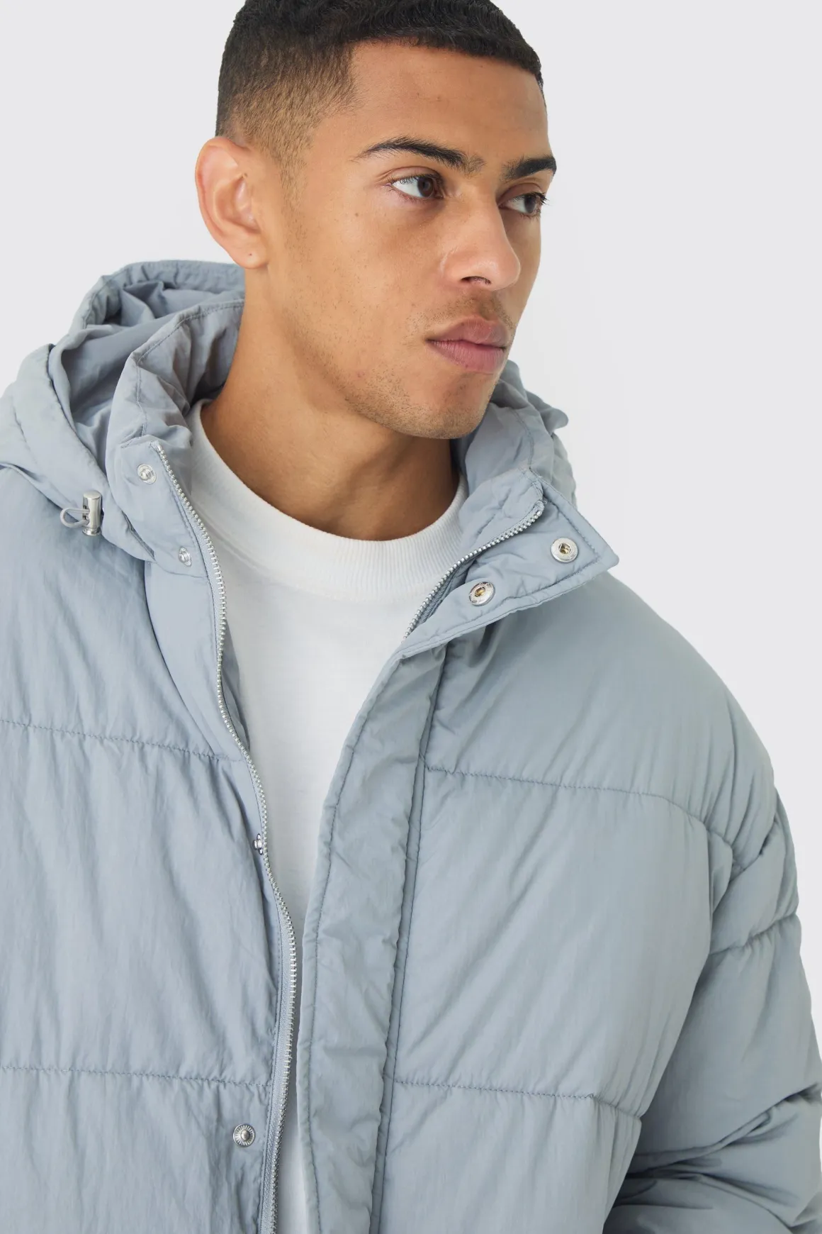Doudoune boxy en nylon froissé en gris clair