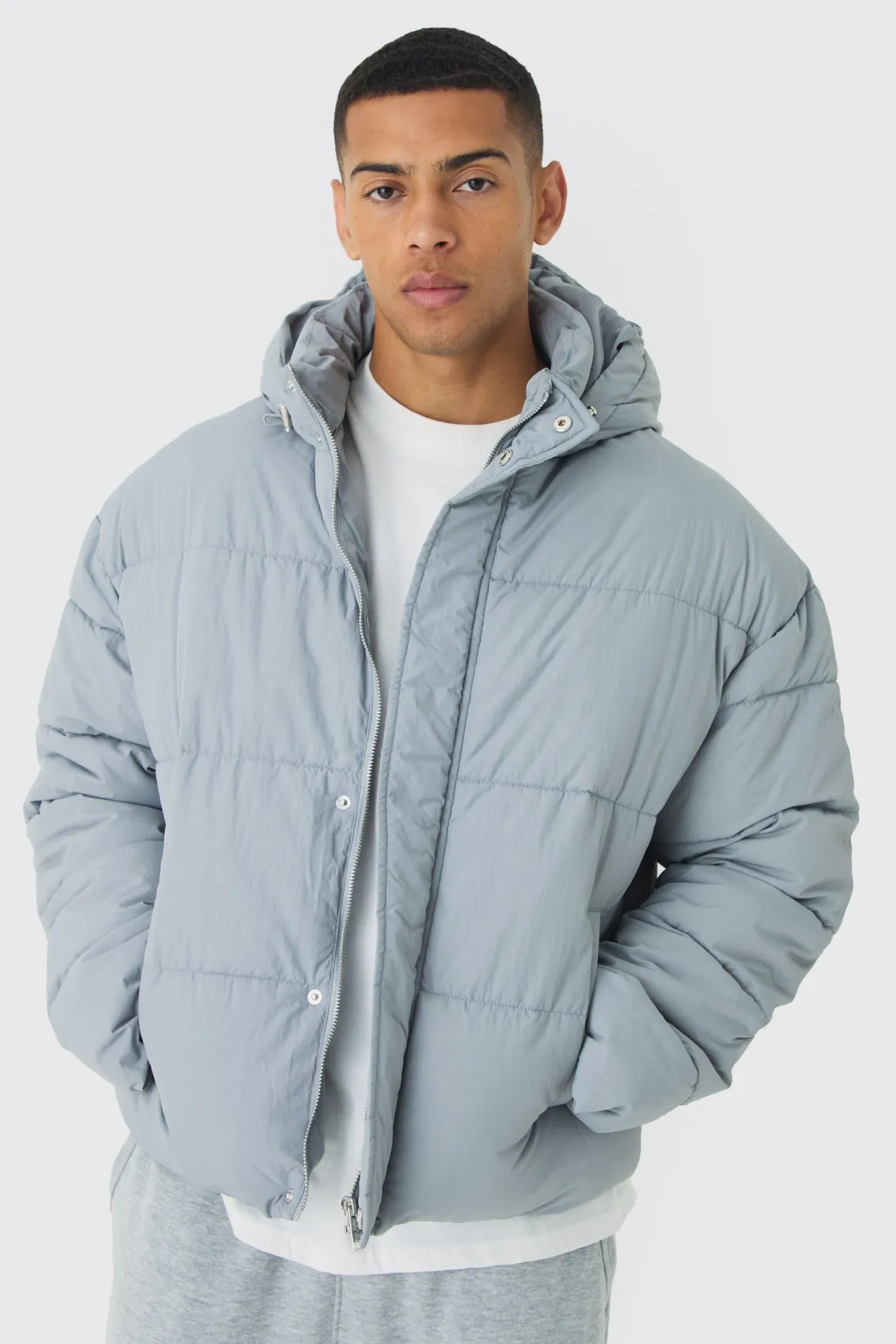 Doudoune boxy en nylon froissé en gris clair