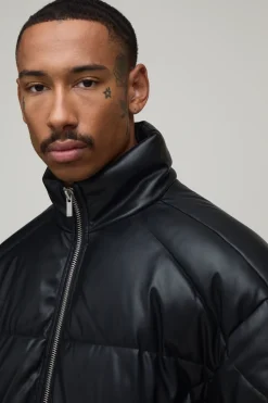 boohooMAN Doudoune Courte À Col Montant Avec Empiècements En Synthétiquecuir<Homme Manteaux Et Vestes