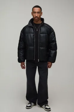 boohooMAN Doudoune Courte À Col Montant Avec Empiècements En Synthétiquecuir<Homme Manteaux Et Vestes