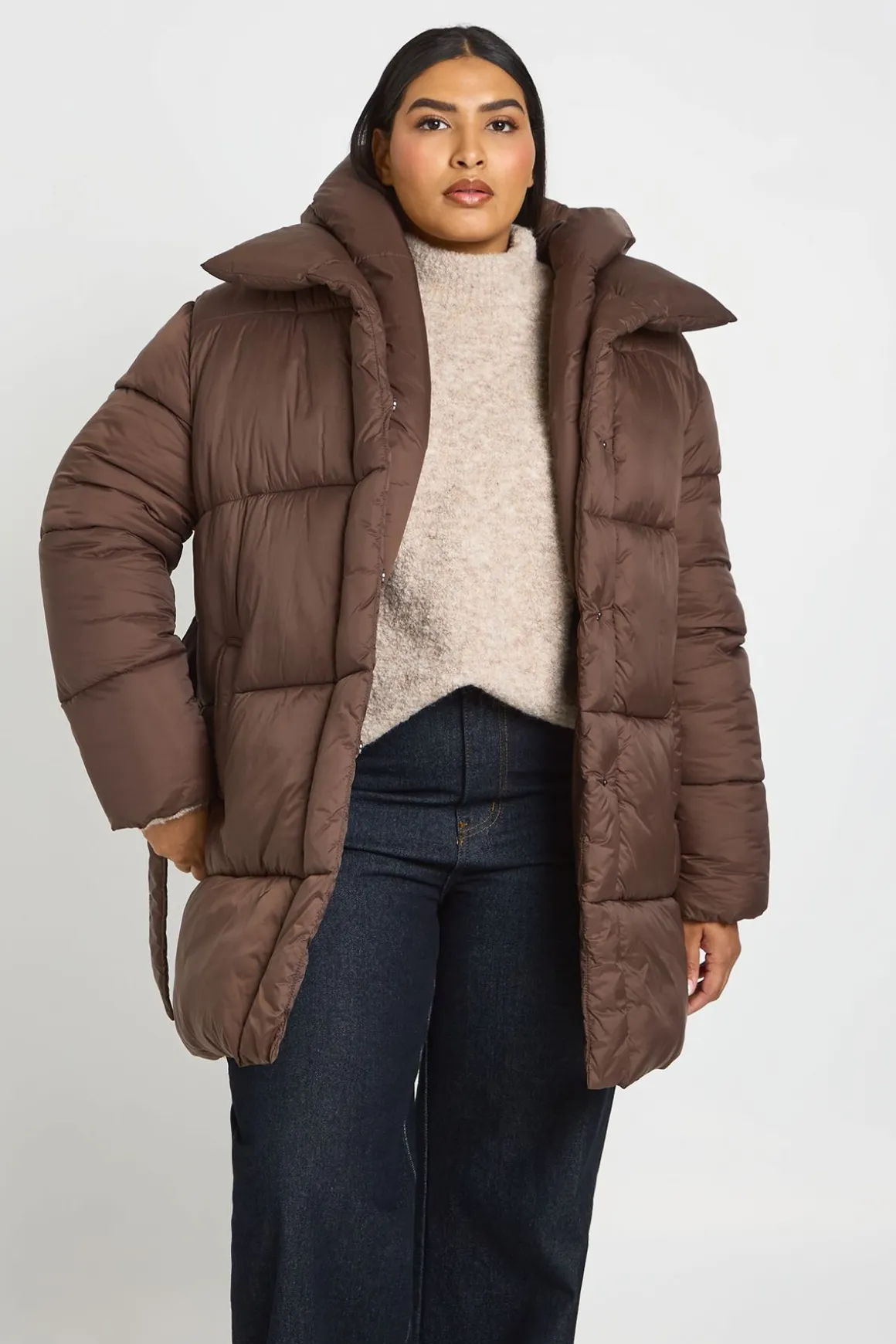 Doudoune Longue À Casynthétiqueche Et Ceinture Grande Taille