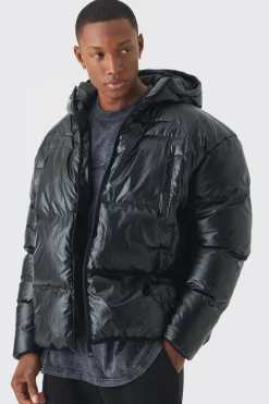 boohooMAN Doudoune matelassée brillante à capuche en<Homme Manteaux Et Vestes