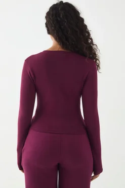 DSGN Studio Haut Manches Longues Côtelé à Broderie Script avec Boutonnage<Femme Tops D’Automne|Dsgn Studio