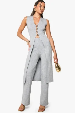 Détail Boutons Dorés - Gilet Tricoté Long et Pantalon Large Coordonné