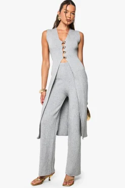 Détail Boutons Dorés - Gilet Tricoté Long et Pantalon Large Coordonné