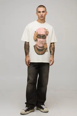 Ecru T-shirt imprimé à masque de ski floral pour homme oversize