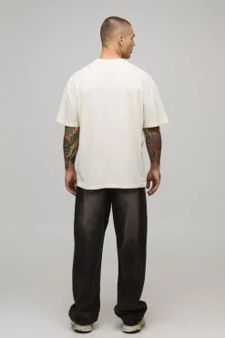Ecru T-shirt imprimé à masque de ski floral pour homme oversize
