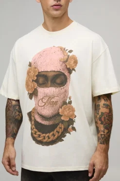 Ecru T-shirt imprimé à masque de ski floral pour homme oversize