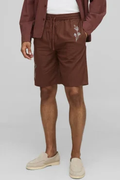 Elasticated Waist Straight Fit Floral Emboridery Linen Shorts