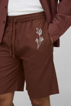 Elasticated Waist Straight Fit Floral Emboridery Linen Shorts