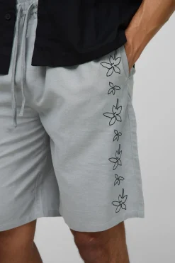 Elasticated Waist Straight Fit Floral Emboridery Linen Shorts