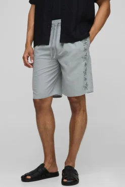 Elasticated Waist Straight Fit Floral Emboridery Linen Shorts