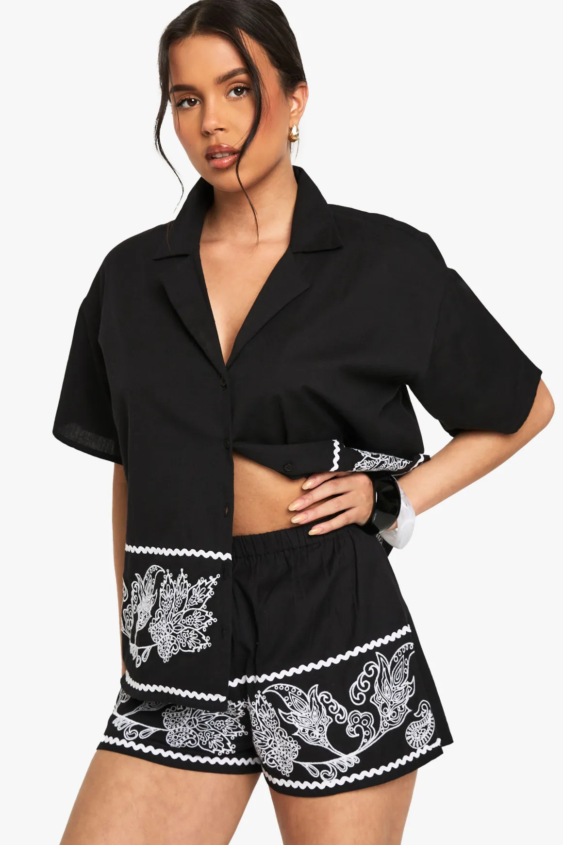 Embroidered Trim Cotton Poplin Shorts