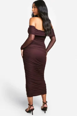 Emily Shak Robe Maternité en Tissu Slinky à Épaules Dénudées, Manches Longues, Midaxi Froncée