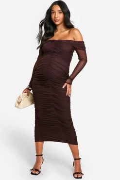 Emily Shak Robe Maternité en Tissu Slinky à Épaules Dénudées, Manches Longues, Midaxi Froncée