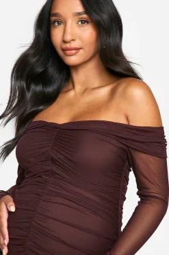 Emily Shak Robe Maternité en Tissu Slinky à Épaules Dénudées, Manches Longues, Midaxi Froncée
