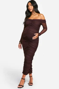 Emily Shak Robe Maternité en Tissu Slinky à Épaules Dénudées, Manches Longues, Midaxi Froncée