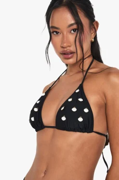 Ensemble Bikini avec Haut Triangle Orné à Garniture de Coquillage et Bas Tanga à Nouer sur les Côtés