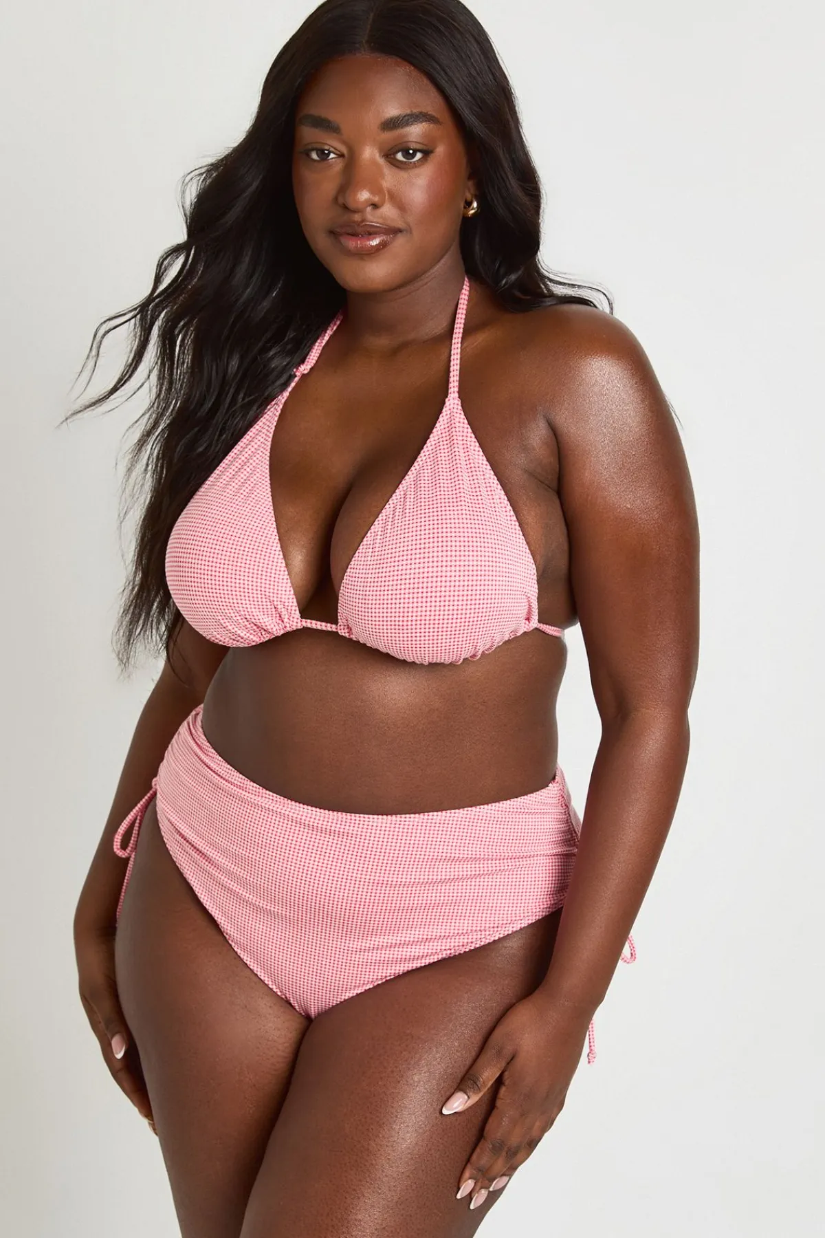 boohoo Ensemble Bikini Grande Taille Haut Triangle À Carreaux Vichy Texturés & Bas Taille Haute Froncé<Femme Maillots De Bain|Tenues De Plage