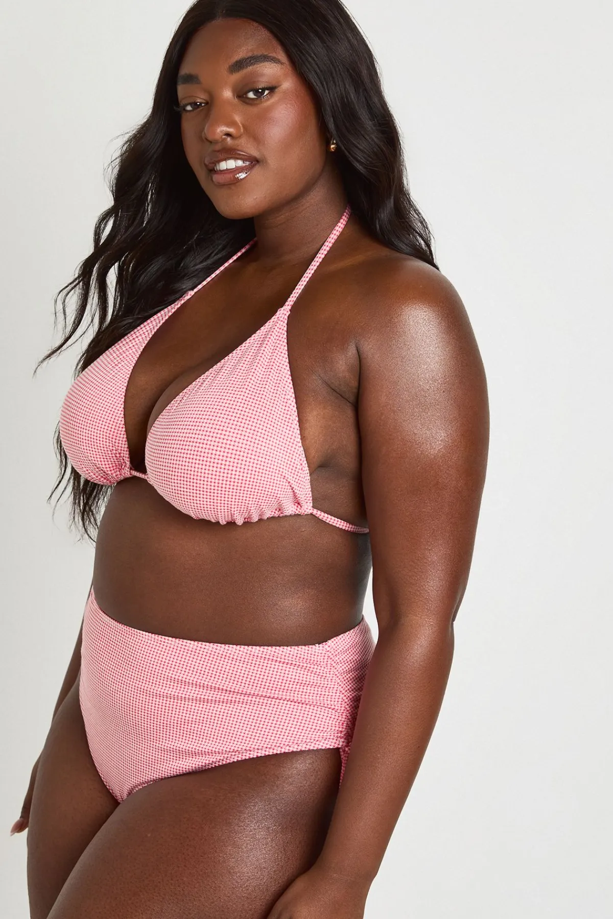 boohoo Ensemble Bikini Grande Taille Haut Triangle À Carreaux Vichy Texturés & Bas Taille Haute Froncé<Femme Maillots De Bain|Tenues De Plage