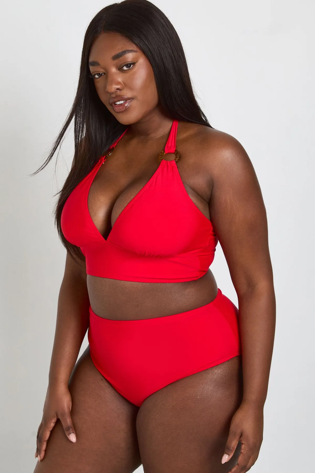 boohoo Ensemble Bikini Grande Taille Haut Plongeant Avec Détail Anneau Et Bas Taille Haute<Femme Maillots De Bain|Tenues De Plage