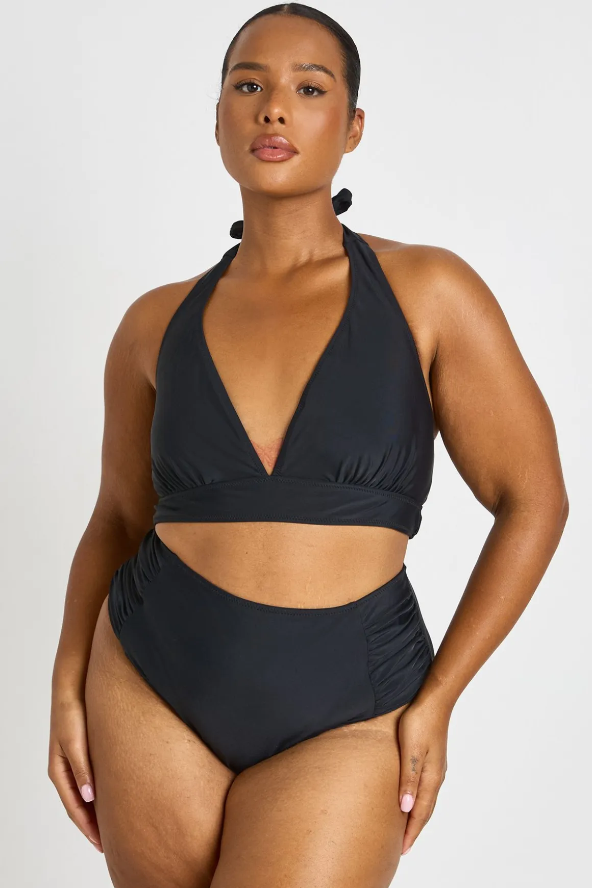 Ensemble Bikini Grande Taille Haut Plongeant Et Bas Taille Haute Gainant Froncé