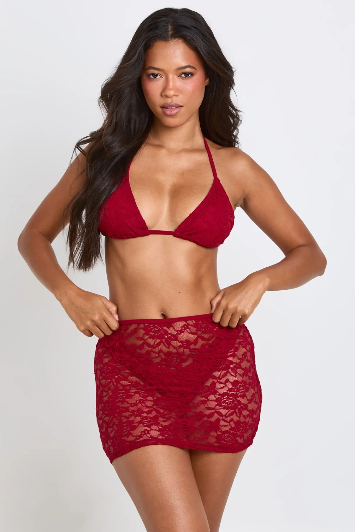 boohoo Ensemble Bikini Triangle 3 Pièces Avec Jupe En Dentelle<Femme Tenues De Plage|Satin Et Dentelle
