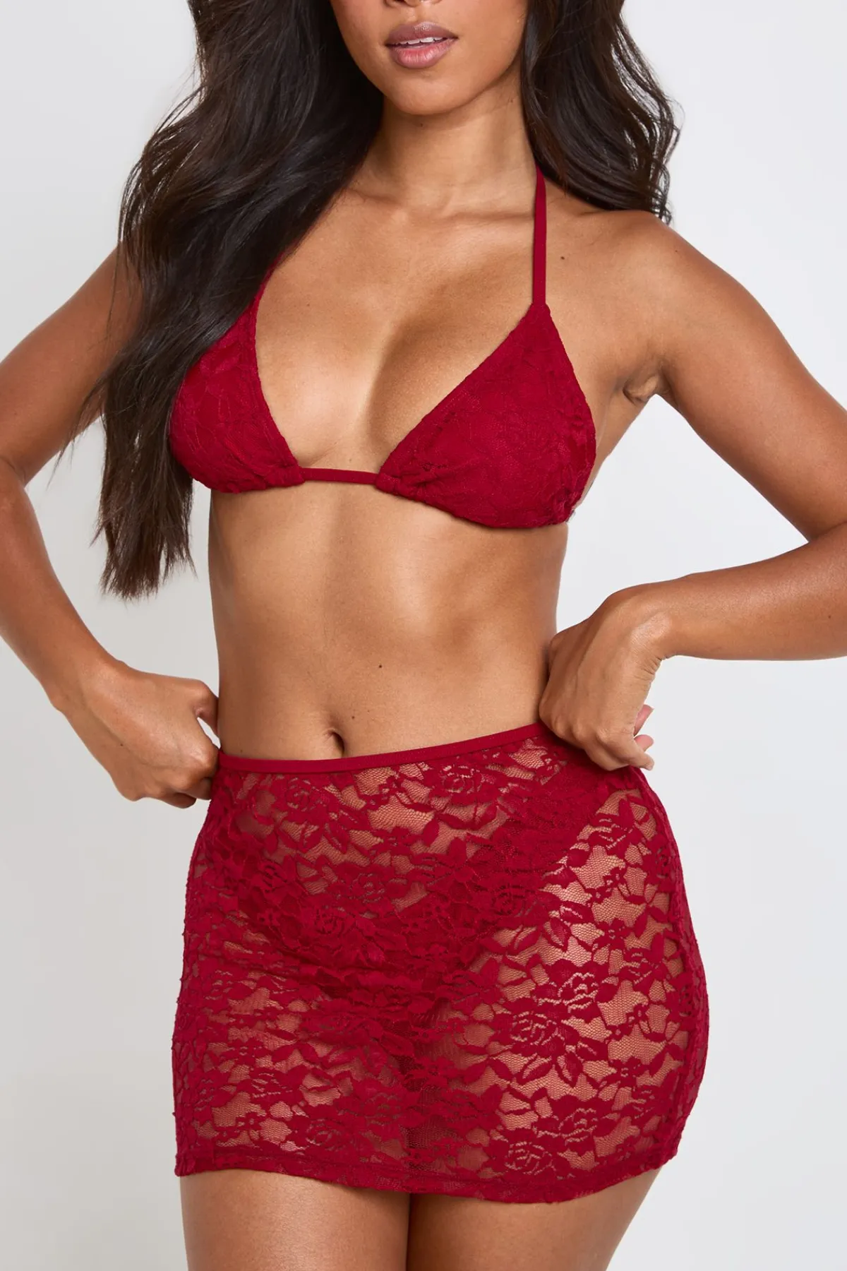boohoo Ensemble Bikini Triangle 3 Pièces Avec Jupe En Dentelle<Femme Tenues De Plage|Satin Et Dentelle
