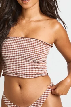 Ensemble Bikini Vichy Bandeau Long À Volants Et Bas De Bikini