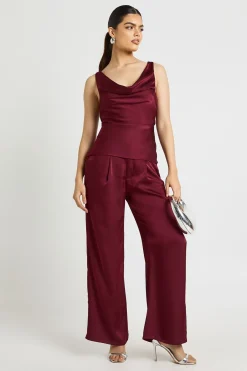boohoo Ensemble Caraco Col Bénitier et Pantalon Large en Satin<Femme Satin Et Dentelle|Ensembles