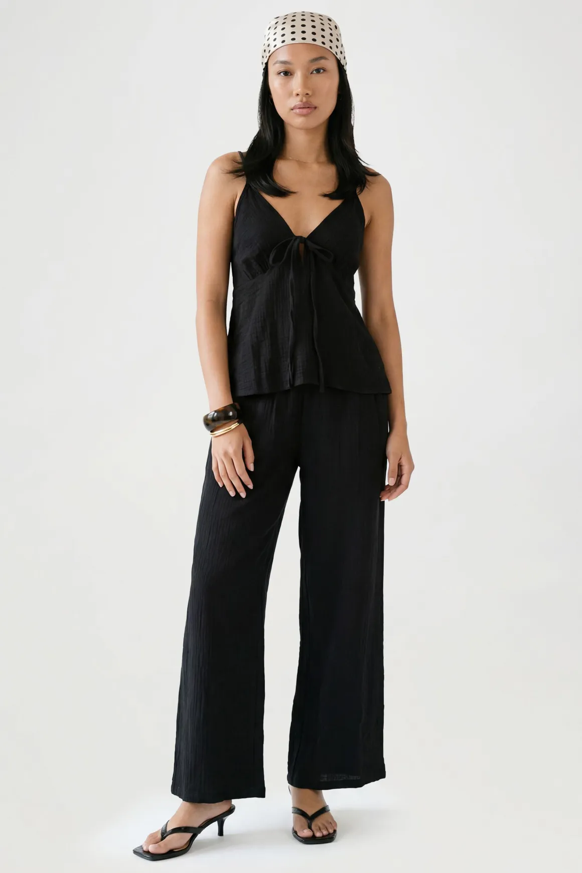 Ensemble Caraco À Nœud Frontal Et Pantalon Large En Gaze De Coton
