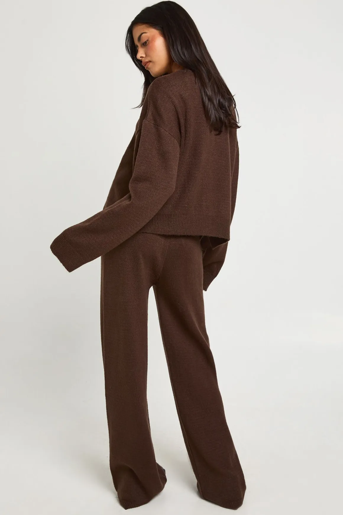 Ensemble Cardigan Ample à Col Rond Tricoté et Pantalon Large Assorti