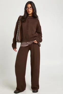 Ensemble Cardigan Ample à Col Rond Tricoté et Pantalon Large Assorti