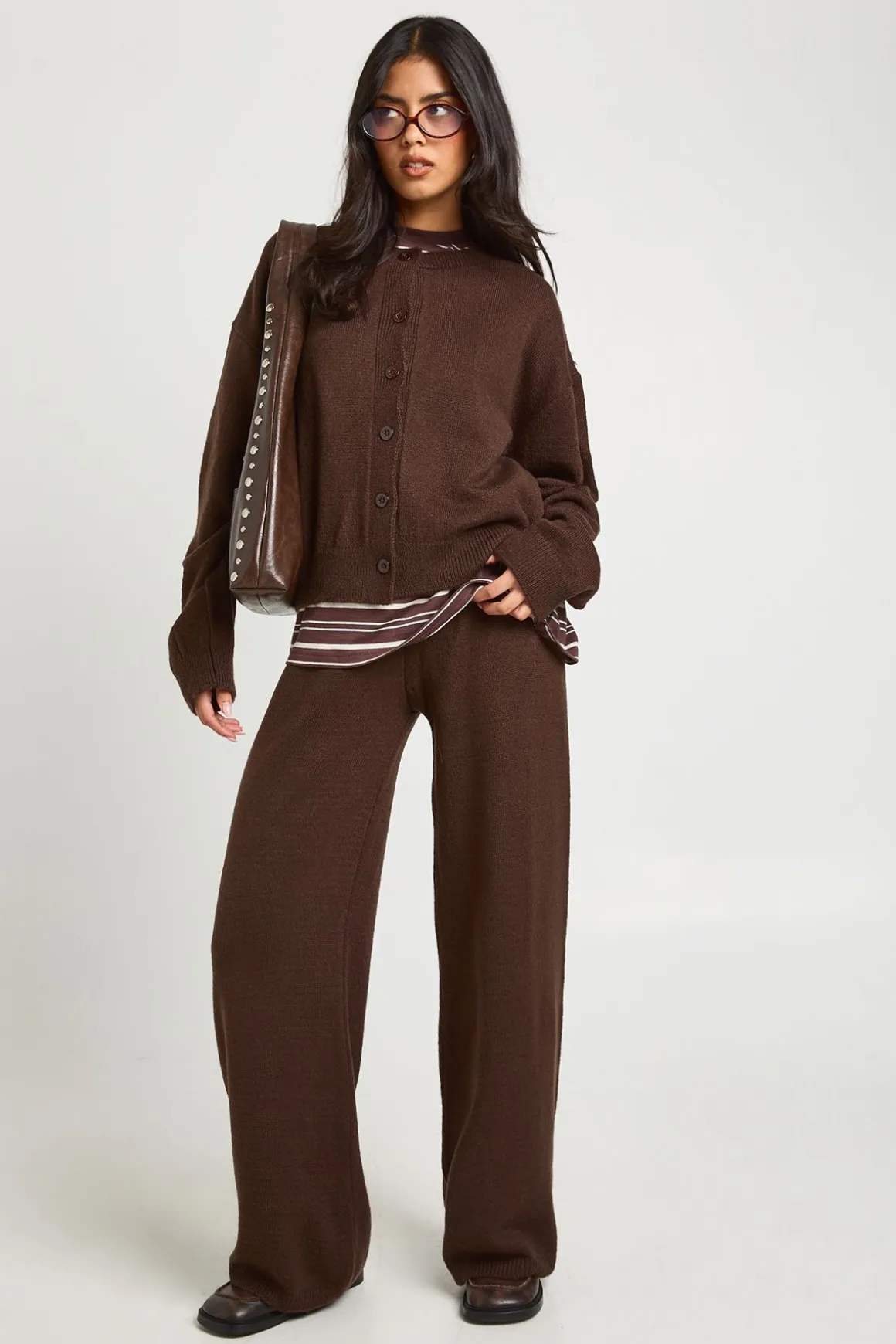 Ensemble Cardigan Ample à Col Rond Tricoté et Pantalon Large Assorti