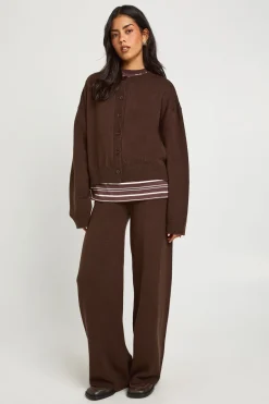 Ensemble Cardigan Ample à Col Rond Tricoté et Pantalon Large Assorti