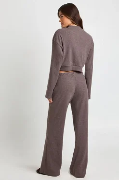 boohoo Ensemble Cardigan Ample et Pantalon en Côtes Brossées<Femme Looks Chocolat|Ensembles